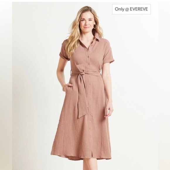 Evereve Hailey Gauze Button Down Dress Sz S 100% Cotton Java Cocoa NEW - Picture 1 of 4